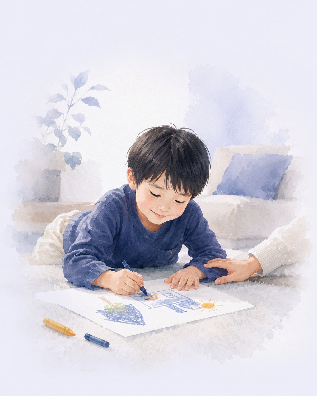 床でお絵かきをする子どもに、親の手がそっと添えられている水彩イラスト