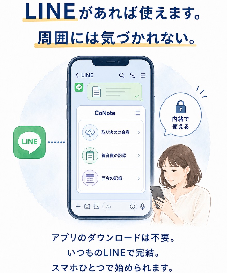 LINEがあれば使えます。周囲には気づかれない。アプリのダウンロードは不要で、いつものLINEで完結。スマホひとつで始められます。